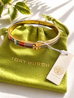 Tory Burch Colorblock Enamel Hinged Bangle Gold NWT Dust Bag